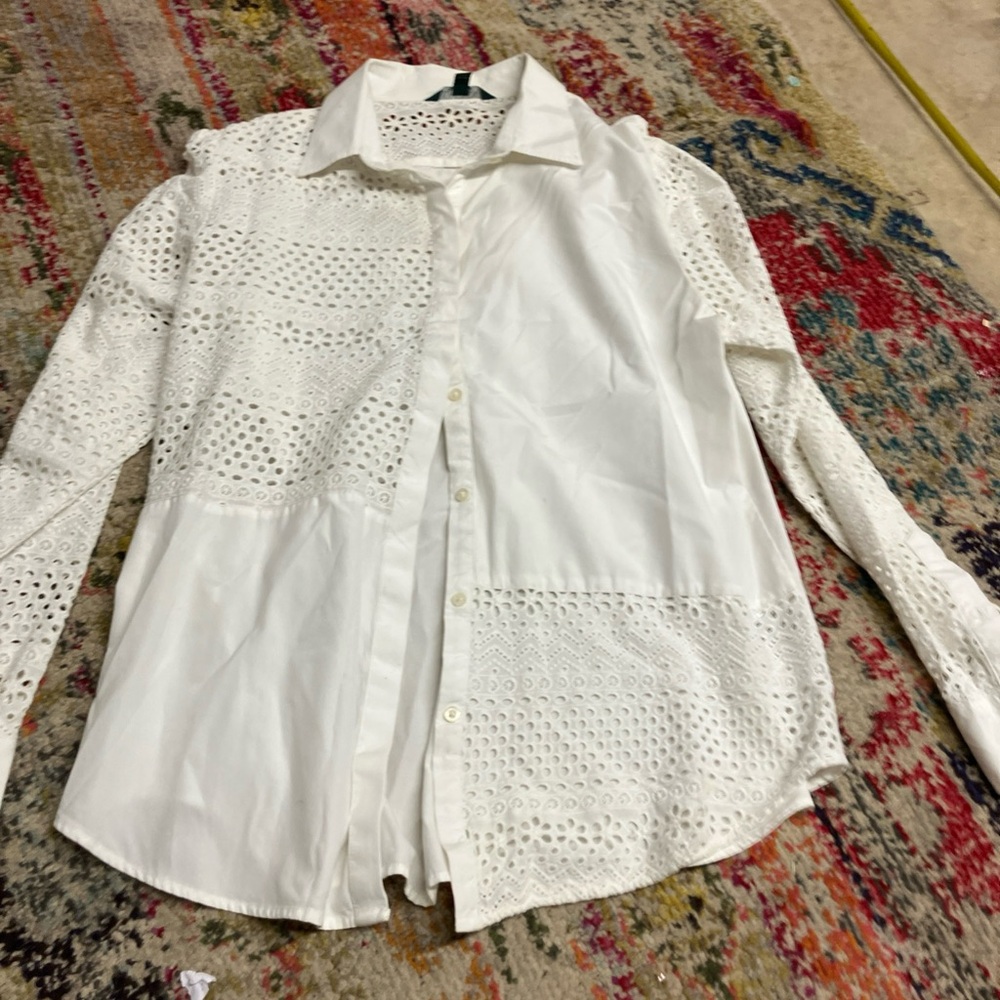 Lauren Ralph Top Blouse Sleeve Cotton Cut Out Women || xl extra large vintage